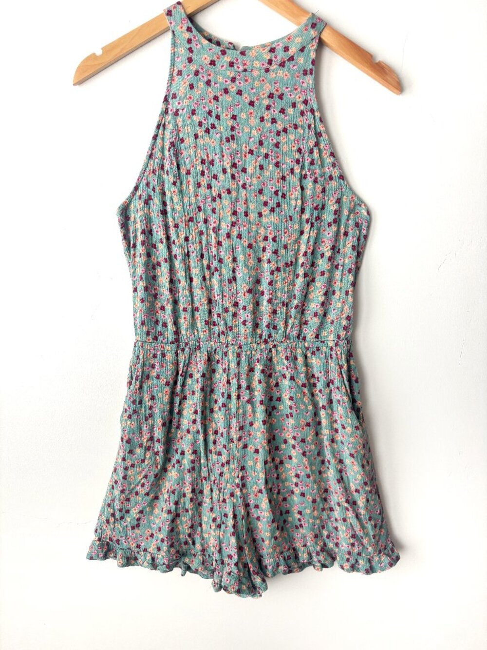 Mossimo Floral Romper XS Teal Green Pink Ditsy Halter High Neck Ruffle Summer